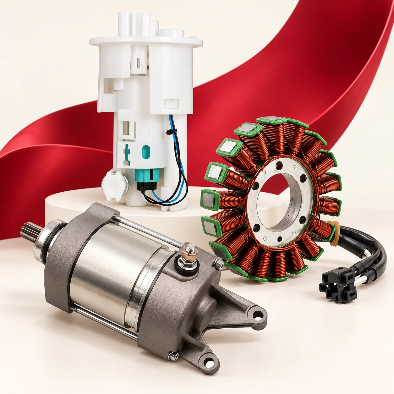 Motorcycle starter motor, stator and fuel pump in a studio display